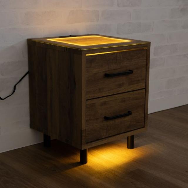 ナイトテーブル LED ライト付き コンセント付き サイドテーブル スノー